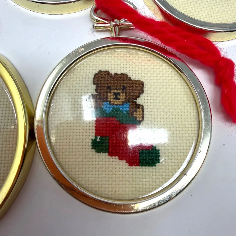 Lot of 5 Handmade Cross Stitch Christmas Ornaments Metal Frames Vintage